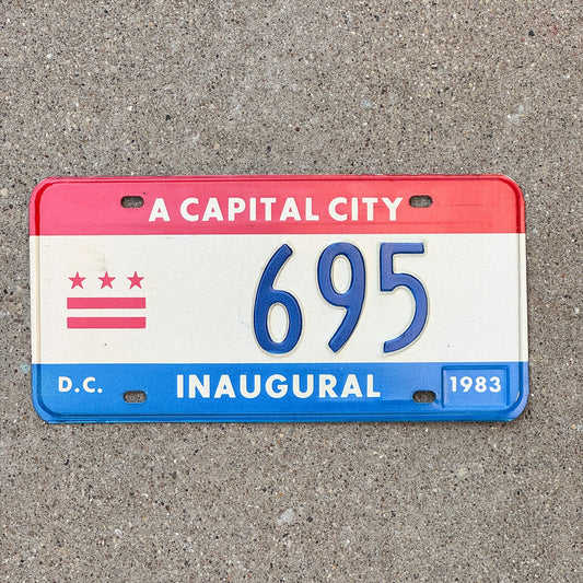 Photo of a 1983 Washington DC Mayor Inaugural License Plate Auto Tag 1 Garage Decor Politics Political Low Number Three Digit 695 with original patina