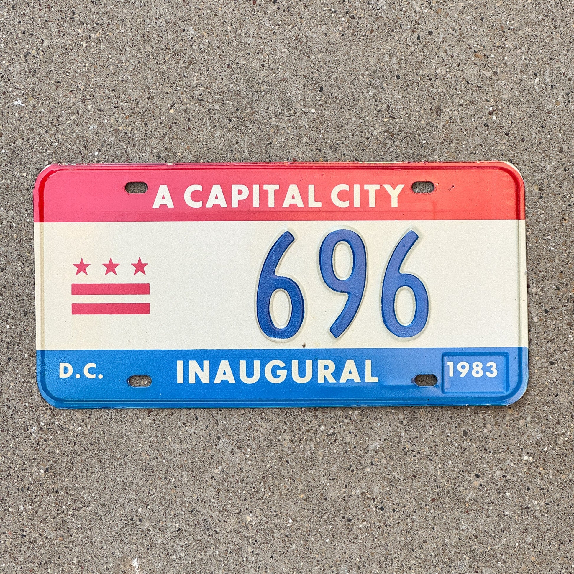 Photo of a 1983 Washington DC Mayor Inaugural License Plate Auto Tag 1 Garage Decor Politics Political Low Number Three Digit 696 with original patina