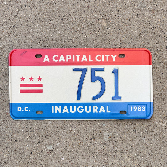 Photo of a 1983 Washington DC Mayor Inaugural License Plate Auto Tag 1 Garage Decor Politics Political Low Number Three Digit 751 with original patina