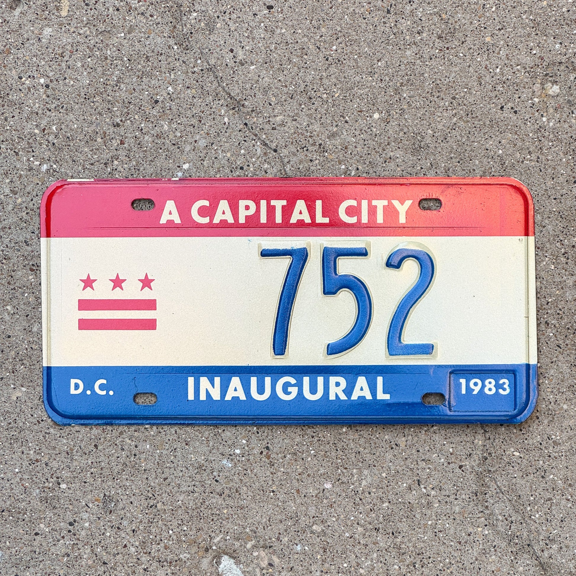 Photo of a 1983 Washington DC Mayor Inaugural License Plate Auto Tag 1 Garage Decor Politics Political Low Number Three Digit 752 with original patina