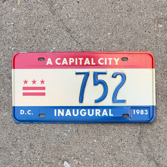 Photo of a 1983 Washington DC Mayor Inaugural License Plate Auto Tag 1 Garage Decor Politics Political Low Number Three Digit 752 with original patina