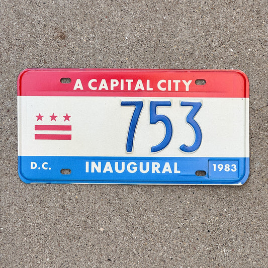 Photo of a 1983 Washington DC Mayor Inaugural License Plate Auto Tag 1 Garage Decor Politics Political Low Number Three Digit 753 with original patina