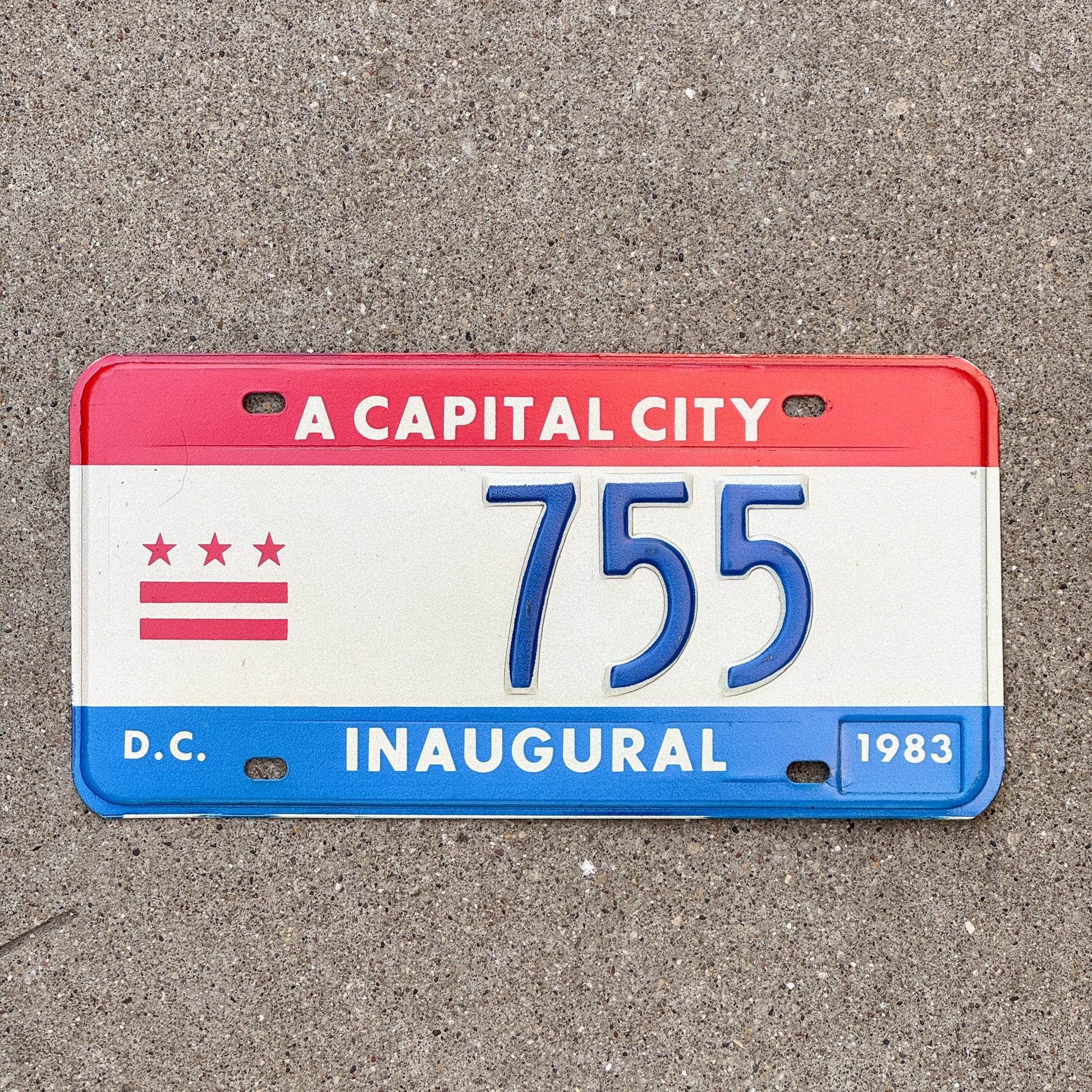 Photo of a 1983 Washington DC Mayor Inaugural License Plate Auto Tag 1 Garage Decor Politics Political Low Number Three Digit 755 with original patina