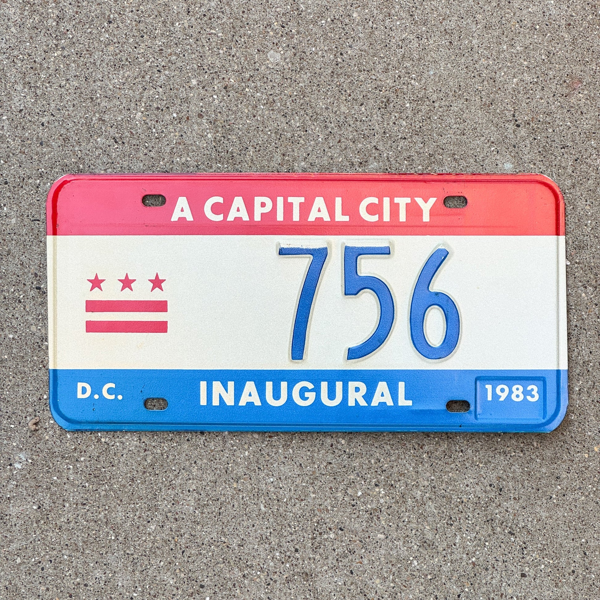 Photo of a 1983 Washington DC Mayor Inaugural License Plate Auto Tag 1 Garage Decor Politics Political Low Number Three Digit 756 with original patina