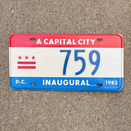 Photo of a 1983 Washington DC Mayor Inaugural License Plate Auto Tag 1 Garage Decor Politics Political Low Number Three Digit 759 with original patina