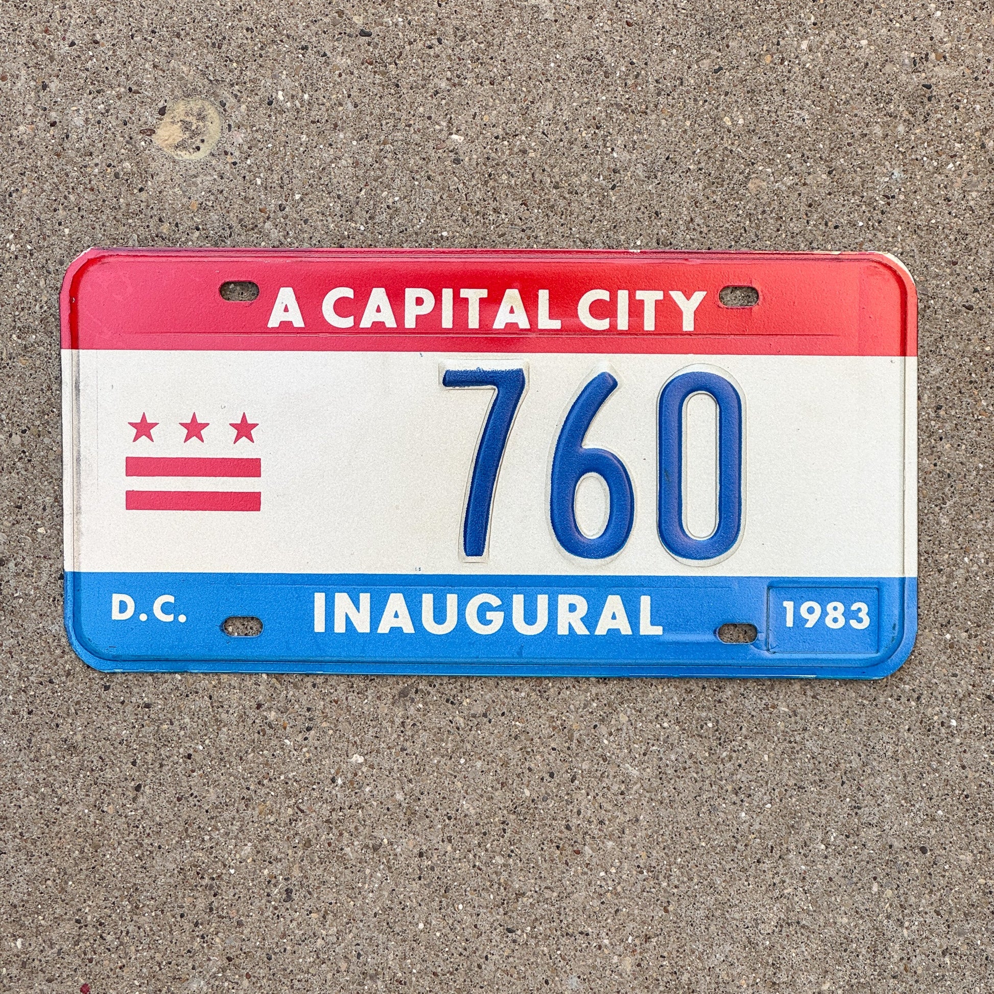 Photo of a 1983 Washington DC Mayor Inaugural License Plate Auto Tag 1 Garage Decor Politics Political Low Number Three Digit 760 with original patina