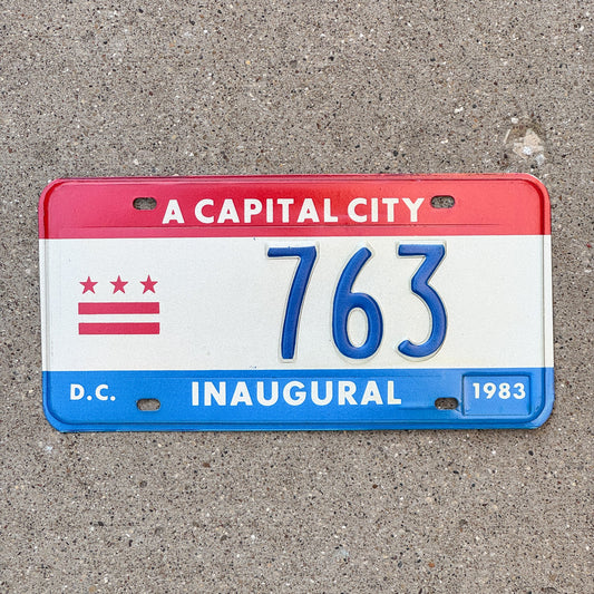 Photo of a 1983 Washington DC Mayor Inaugural License Plate Auto Tag 1 Garage Decor Politics Political Low Number Three Digit 763 with original patina