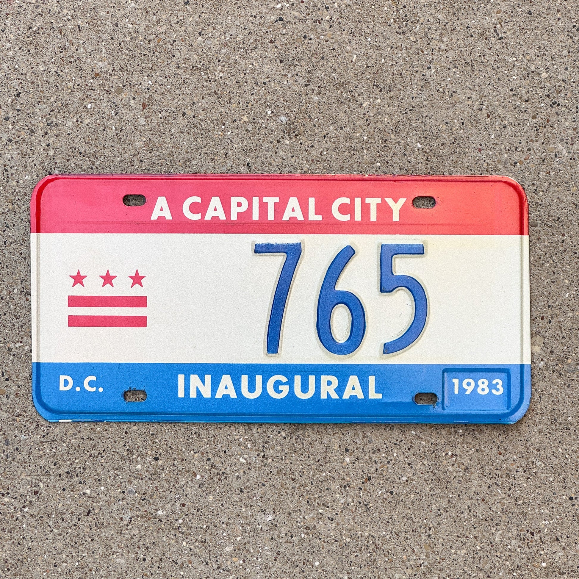 Photo of a 1983 Washington DC Mayor Inaugural License Plate Auto Tag 1 Garage Decor Politics Political Low Number Three Digit 765 with original patina