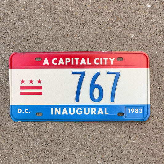 Photo of a 1983 Washington DC Mayor Inaugural License Plate Auto Tag 1 Garage Decor Politics Political Low Number Three Digit 767 with original patina