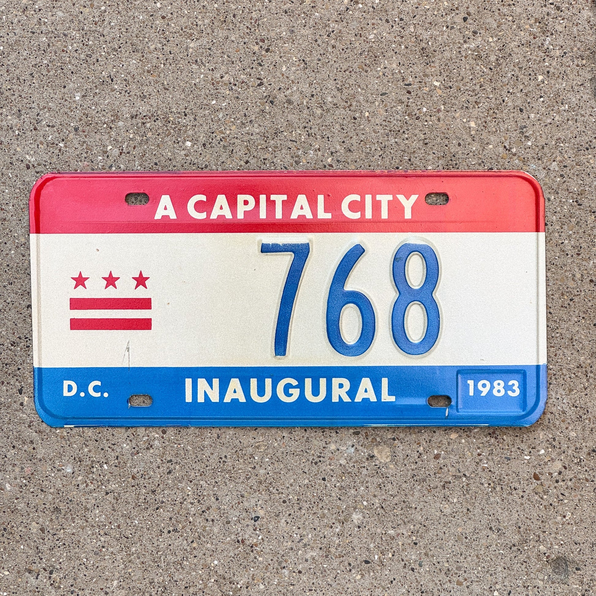Photo of a 1983 Washington DC Mayor Inaugural License Plate Auto Tag 1 Garage Decor Politics Political Low Number Three Digit 768 with original patina