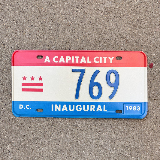 Photo of a 1983 Washington DC Mayor Inaugural License Plate Auto Tag 1 Garage Decor Politics Political Low Number Three Digit 769 with original patina