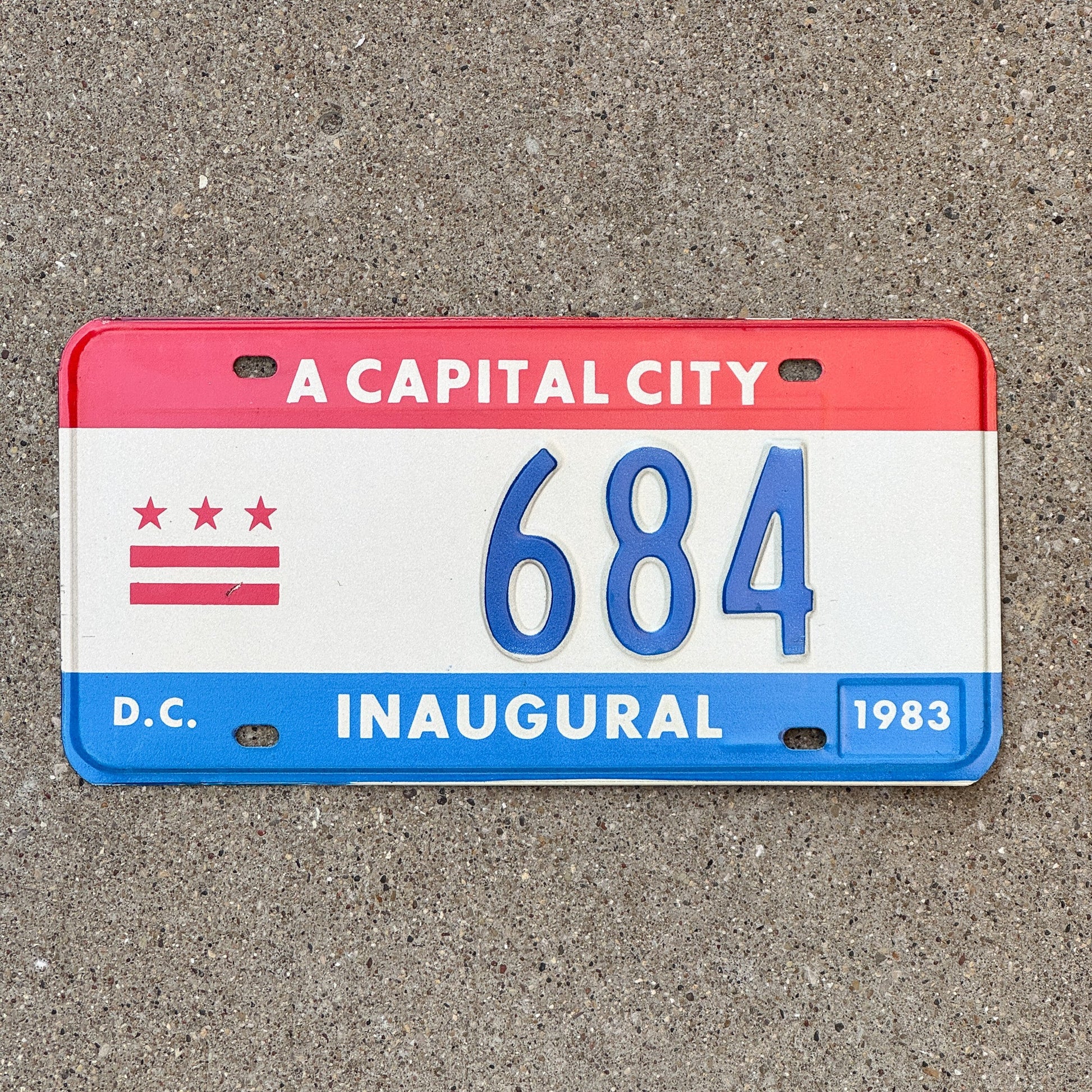 Photo of a 1983 Washington DC Mayor Inaugural License Plate Auto Tag 2 Garage Decor Politics Political Low Number Three Digit 684 with original patina