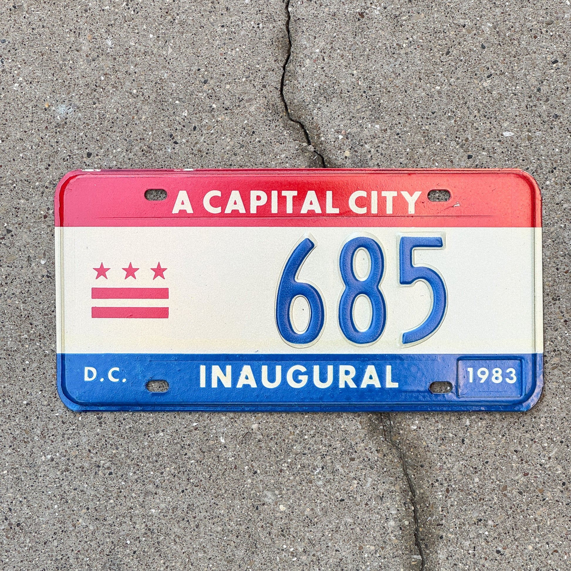 Photo of a 1983 Washington DC Mayor Inaugural License Plate Auto Tag 2 Garage Decor Politics Political Low Number Three Digit 685 with original patina