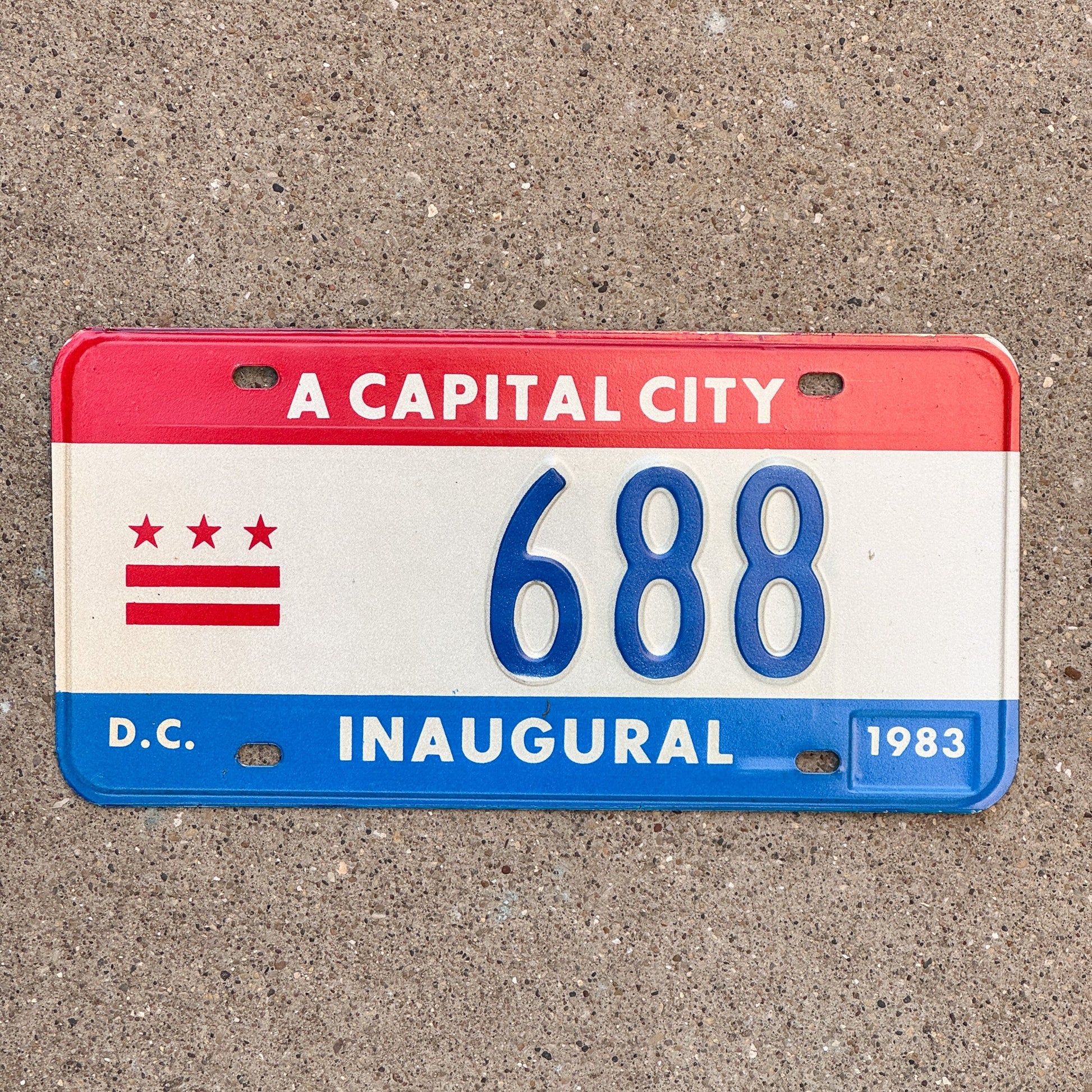 Photo of a 1983 Washington DC Mayor Inaugural License Plate Auto Tag 2 Garage Decor Politics Political Low Number Three Digit 688 with original patina