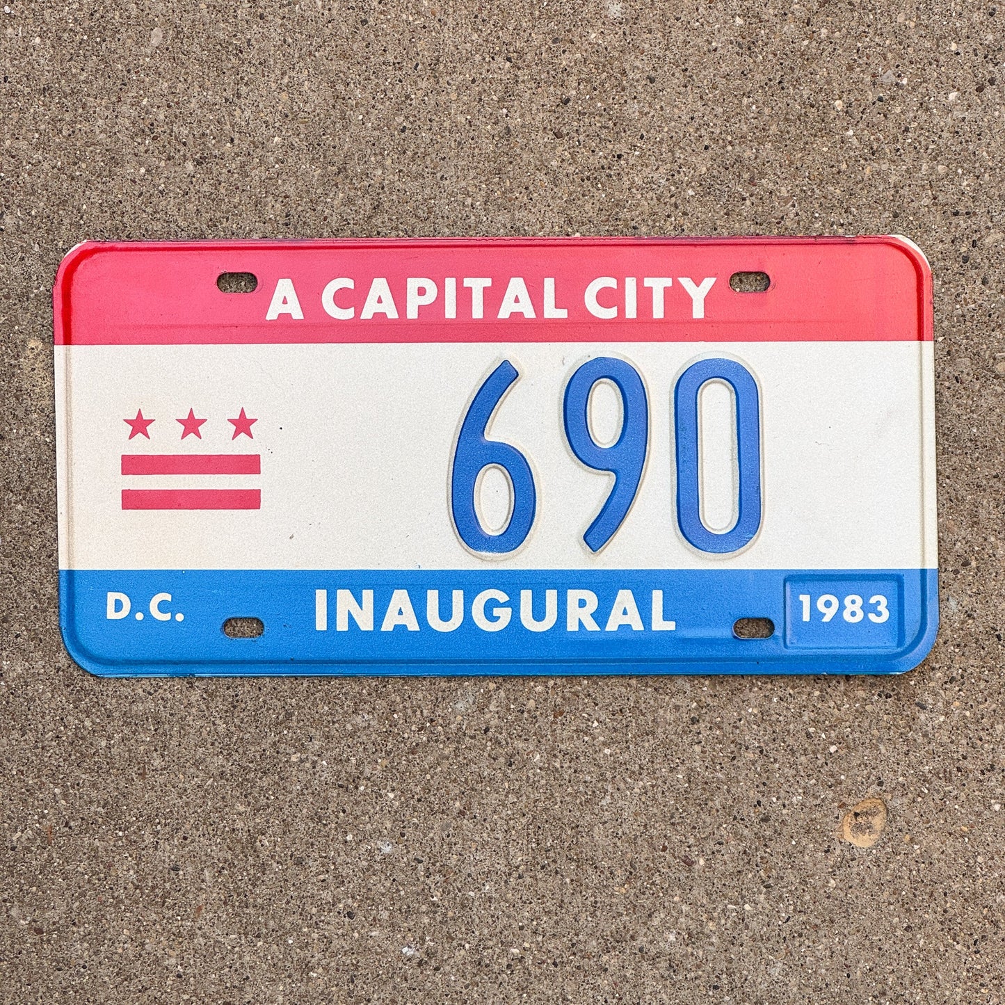 Photo of a 1983 Washington DC Mayor Inaugural License Plate Auto Tag 2 Garage Decor Politics Political Low Number Three Digit 690 with original patina