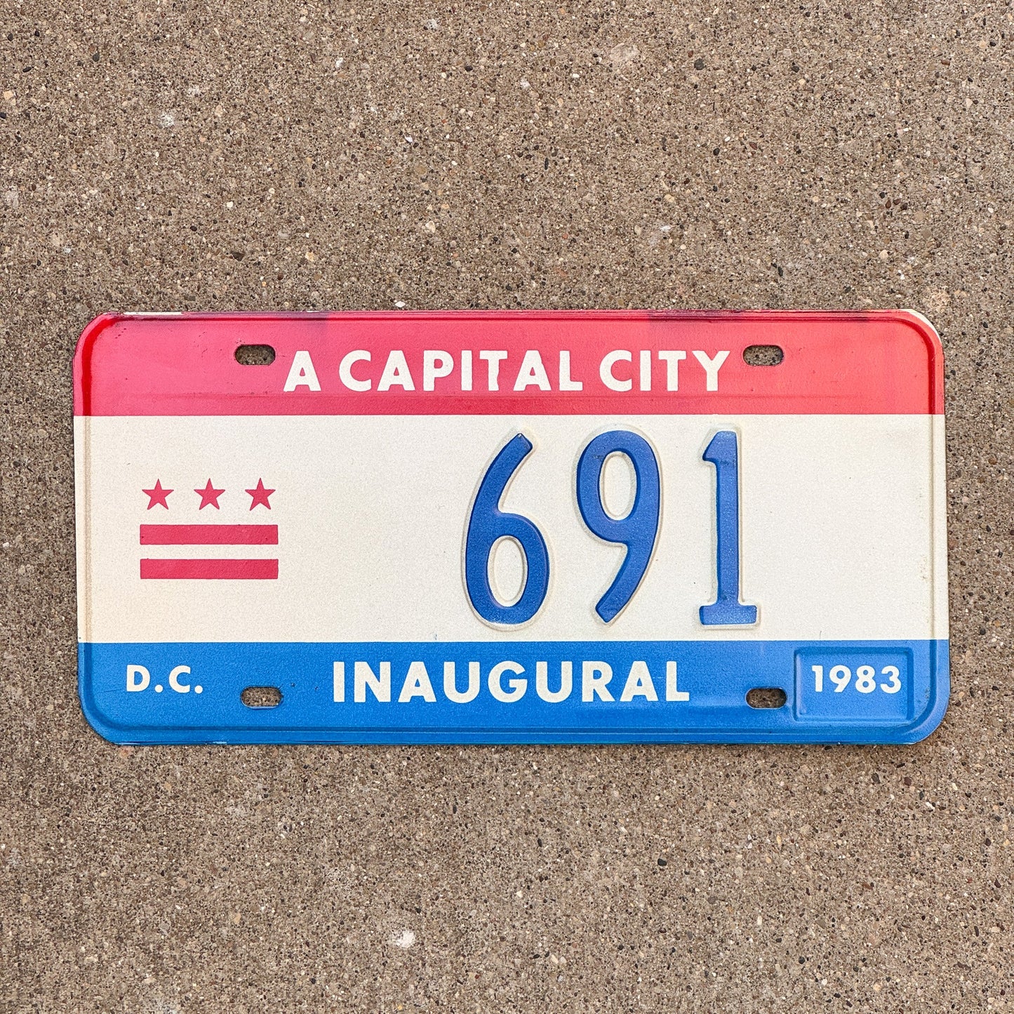 Photo of a 1983 Washington DC Mayor Inaugural License Plate Auto Tag 2 Garage Decor Politics Political Low Number Three Digit 691 with original patina