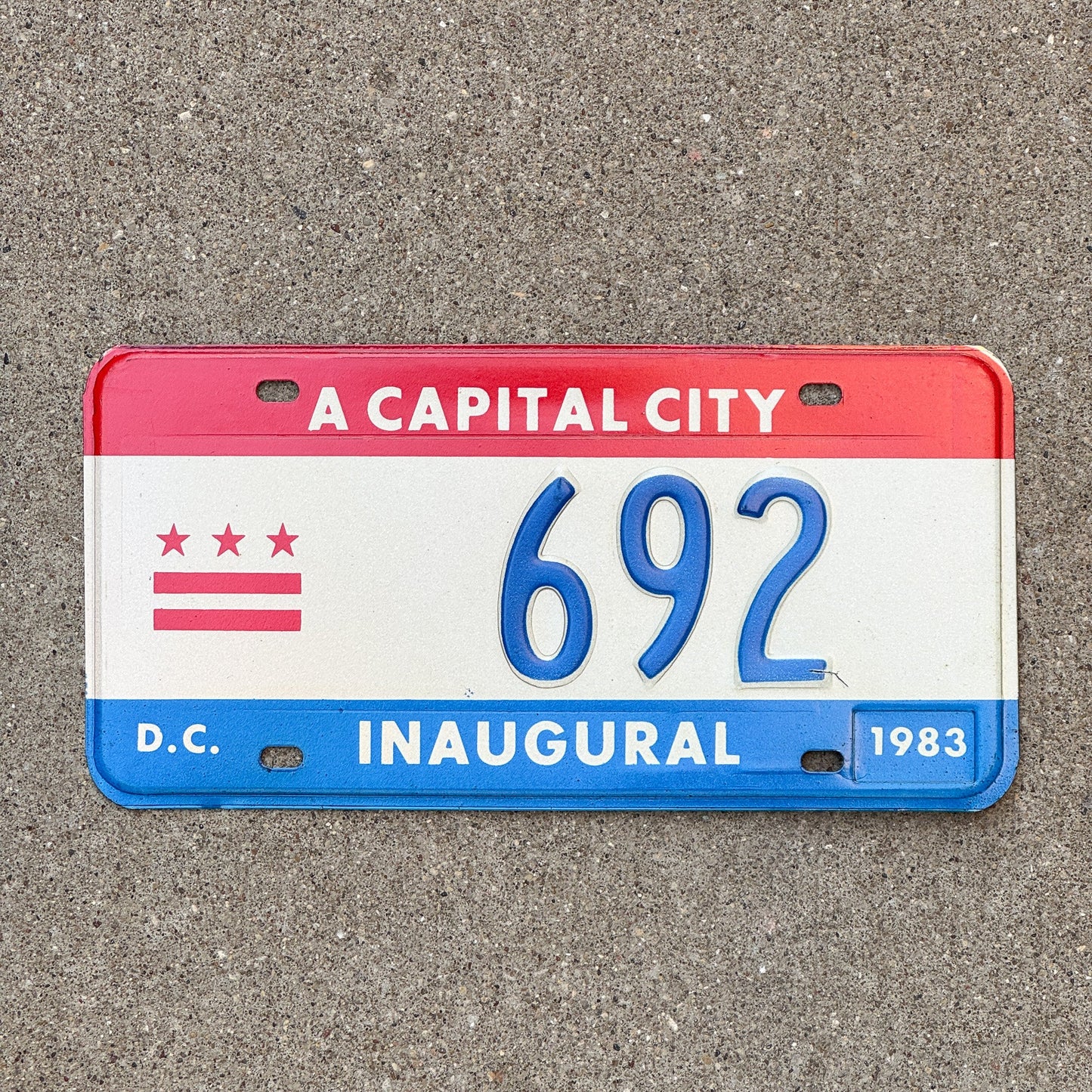 Photo of a 1983 Washington DC Mayor Inaugural License Plate Auto Tag 2 Garage Decor Politics Political Low Number Three Digit 692 with original patina