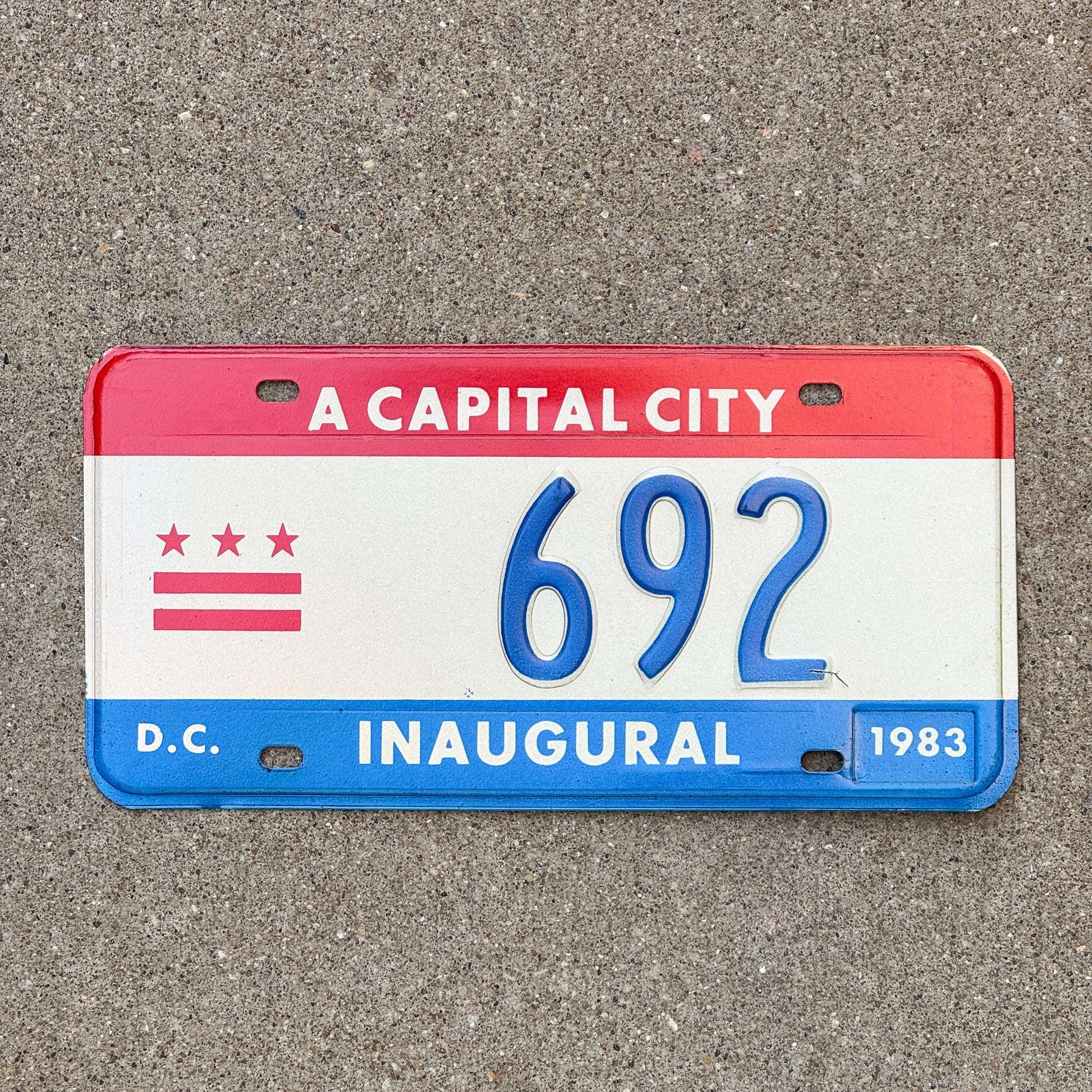 Photo of a 1983 Washington DC Mayor Inaugural License Plate Auto Tag 2 Garage Decor Politics Political Low Number Three Digit 692 with original patina