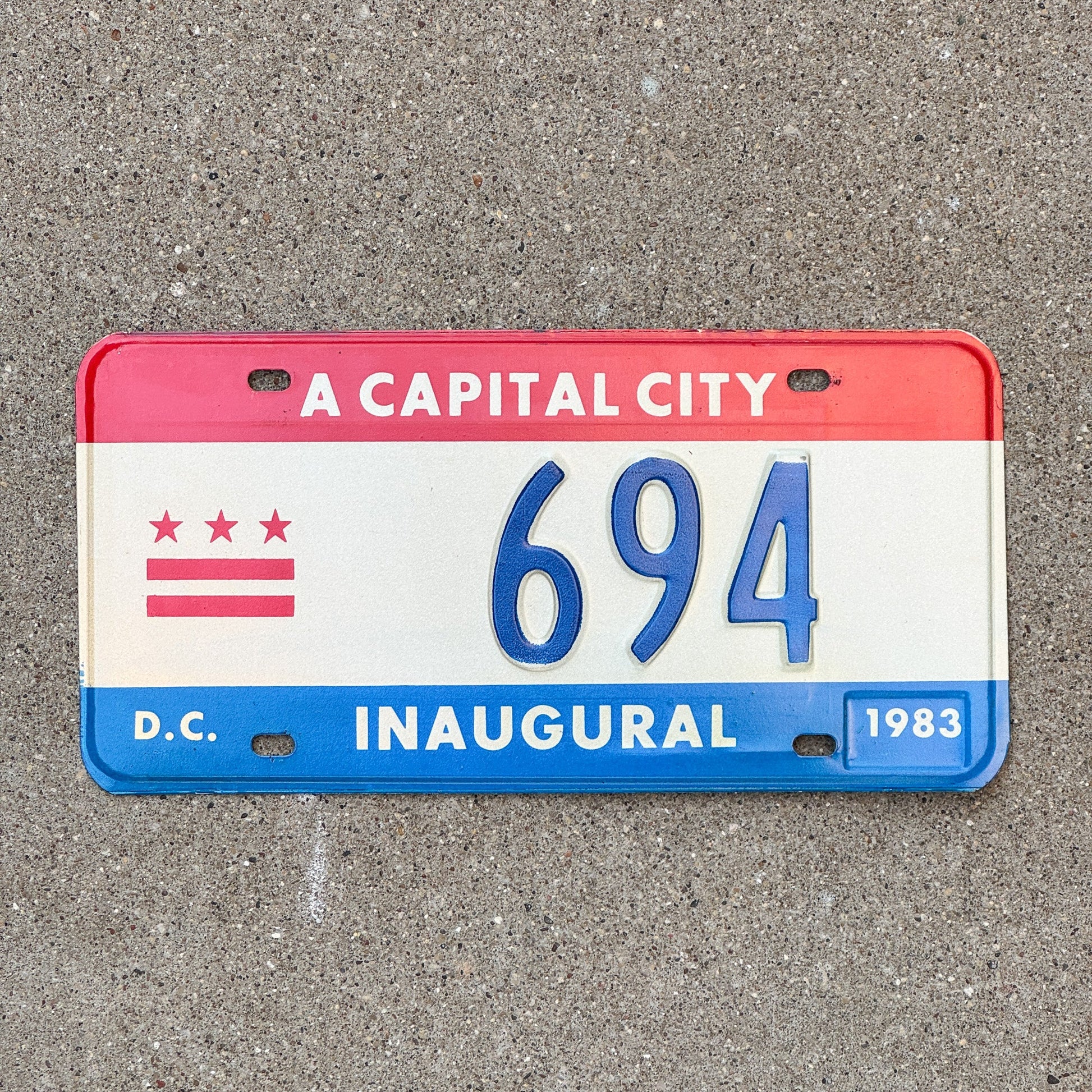 Photo of a 1983 Washington DC Mayor Inaugural License Plate Auto Tag 2 Garage Decor Politics Political Low Number Three Digit 694 with original patina