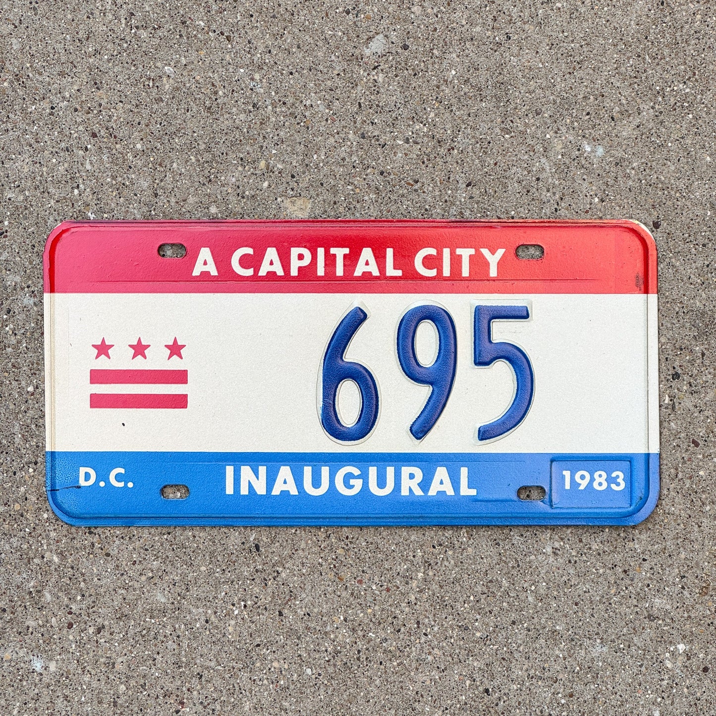 Photo of a 1983 Washington DC Mayor Inaugural License Plate Auto Tag 2 Garage Decor Politics Political Low Number Three Digit 695 with original patina