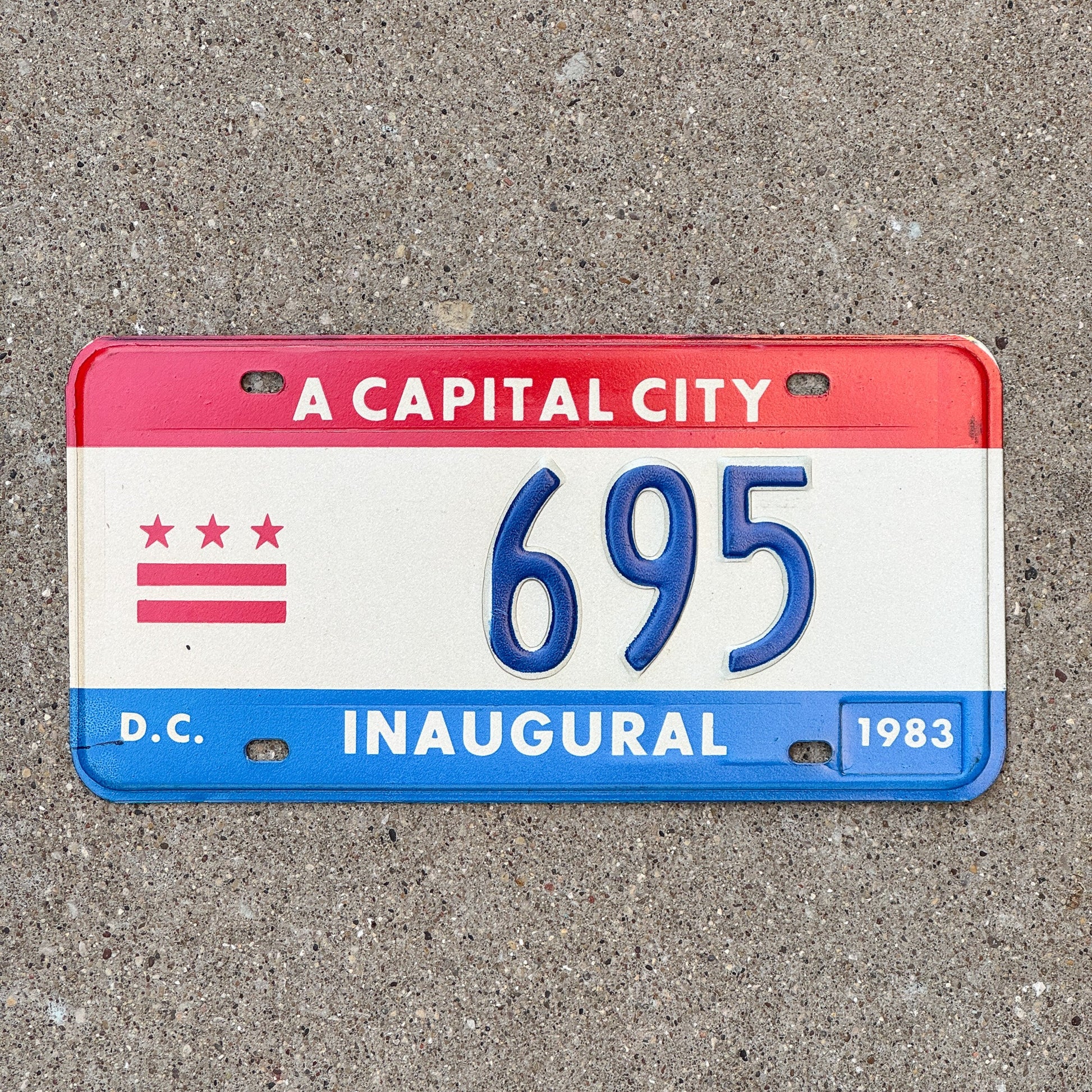 Photo of a 1983 Washington DC Mayor Inaugural License Plate Auto Tag 2 Garage Decor Politics Political Low Number Three Digit 695 with original patina