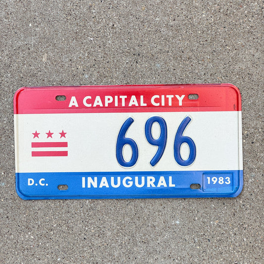 Photo of a 1983 Washington DC Mayor Inaugural License Plate Auto Tag 2 Garage Decor Politics Political Low Number Three Digit 696 with original patina