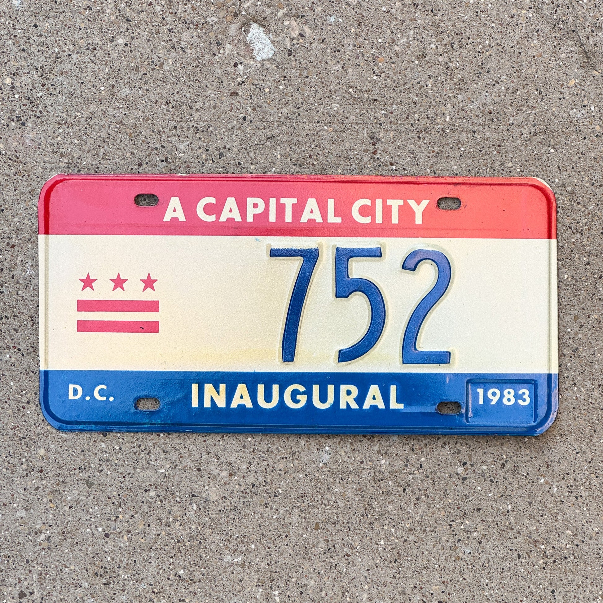 Photo of a 1983 Washington DC Mayor Inaugural License Plate Auto Tag 2 Garage Decor Politics Political Low Number Three Digit 752 with original patina