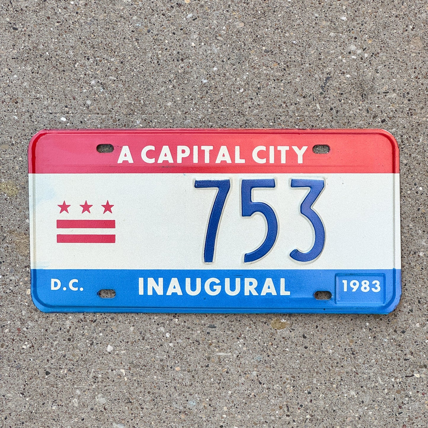 Photo of a 1983 Washington DC Mayor Inaugural License Plate Auto Tag 2 Garage Decor Politics Political Low Number Three Digit 753 with original patina