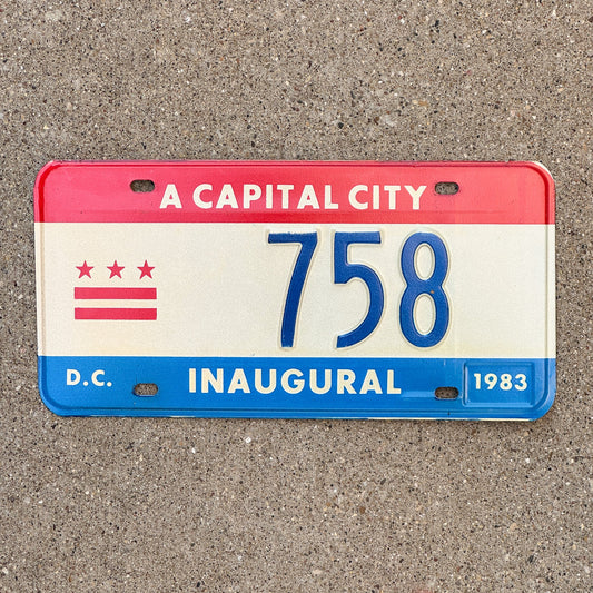 Photo of a 1983 Washington DC Mayor Inaugural License Plate Auto Tag 2 Garage Decor Politics Political Low Number Three Digit 758 with original patina