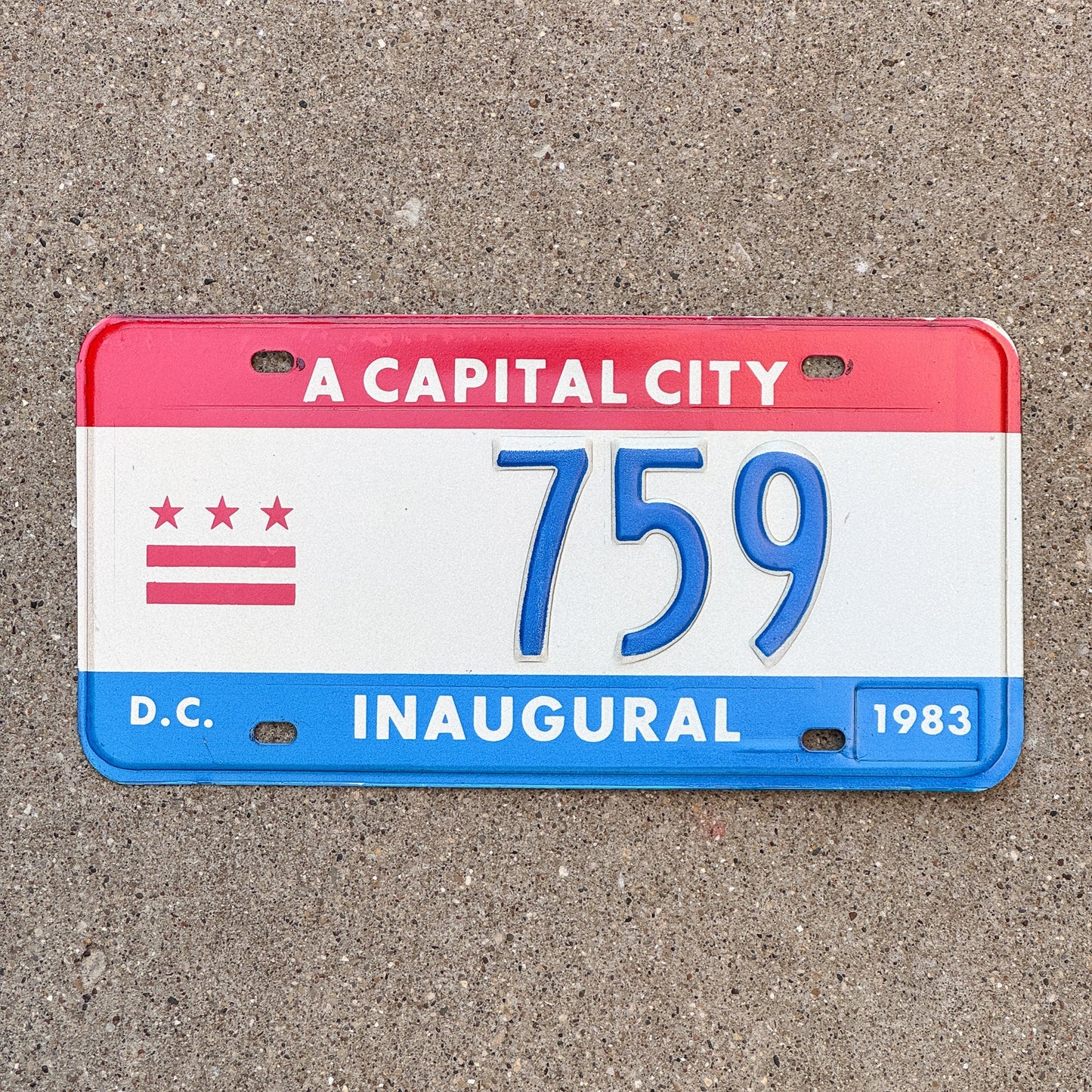 Photo of a 1983 Washington DC Mayor Inaugural License Plate Auto Tag 2 Garage Decor Politics Political Low Number Three Digit 759 with original patina