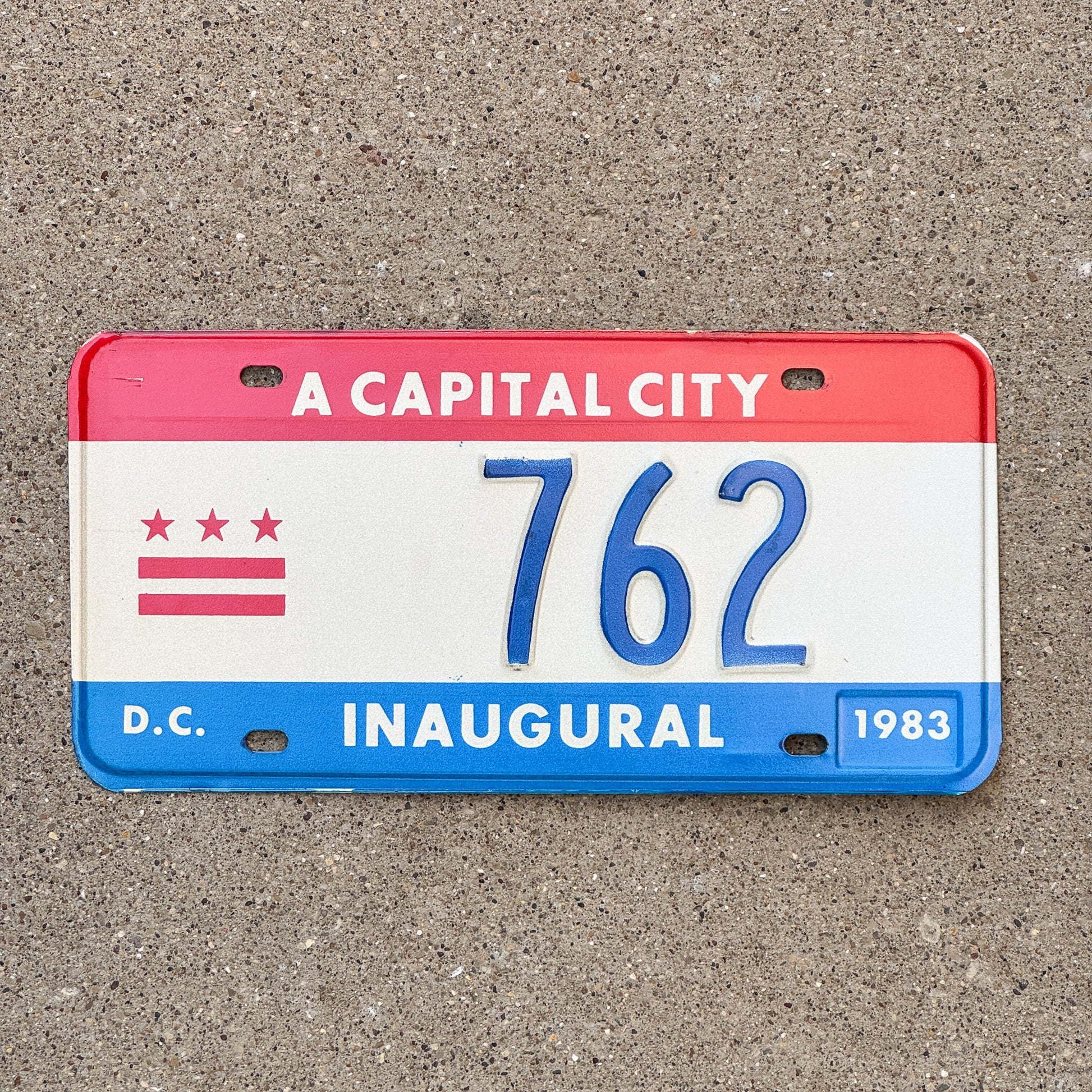 Photo of a 1983 Washington DC Mayor Inaugural License Plate Auto Tag 2 Garage Decor Politics Political Low Number Three Digit 762 with original patina
