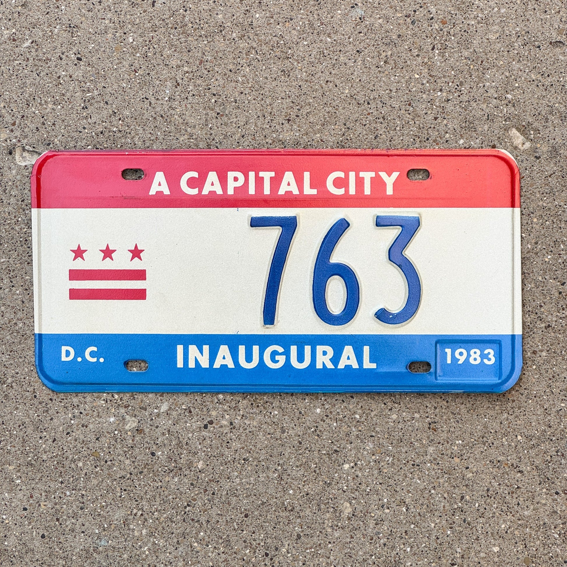 Photo of a 1983 Washington DC Mayor Inaugural License Plate Auto Tag 2 Garage Decor Politics Political Low Number Three Digit 763 with original patina