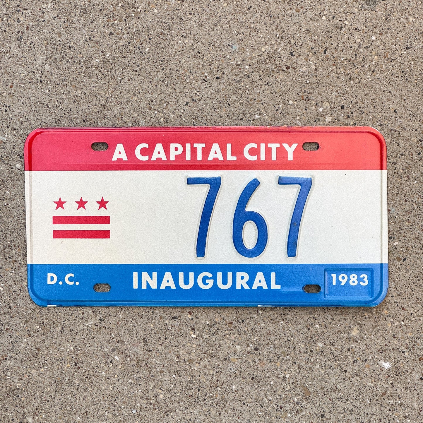 Photo of a 1983 Washington DC Mayor Inaugural License Plate Auto Tag 2 Garage Decor Politics Political Low Number Three Digit 767 with original patina