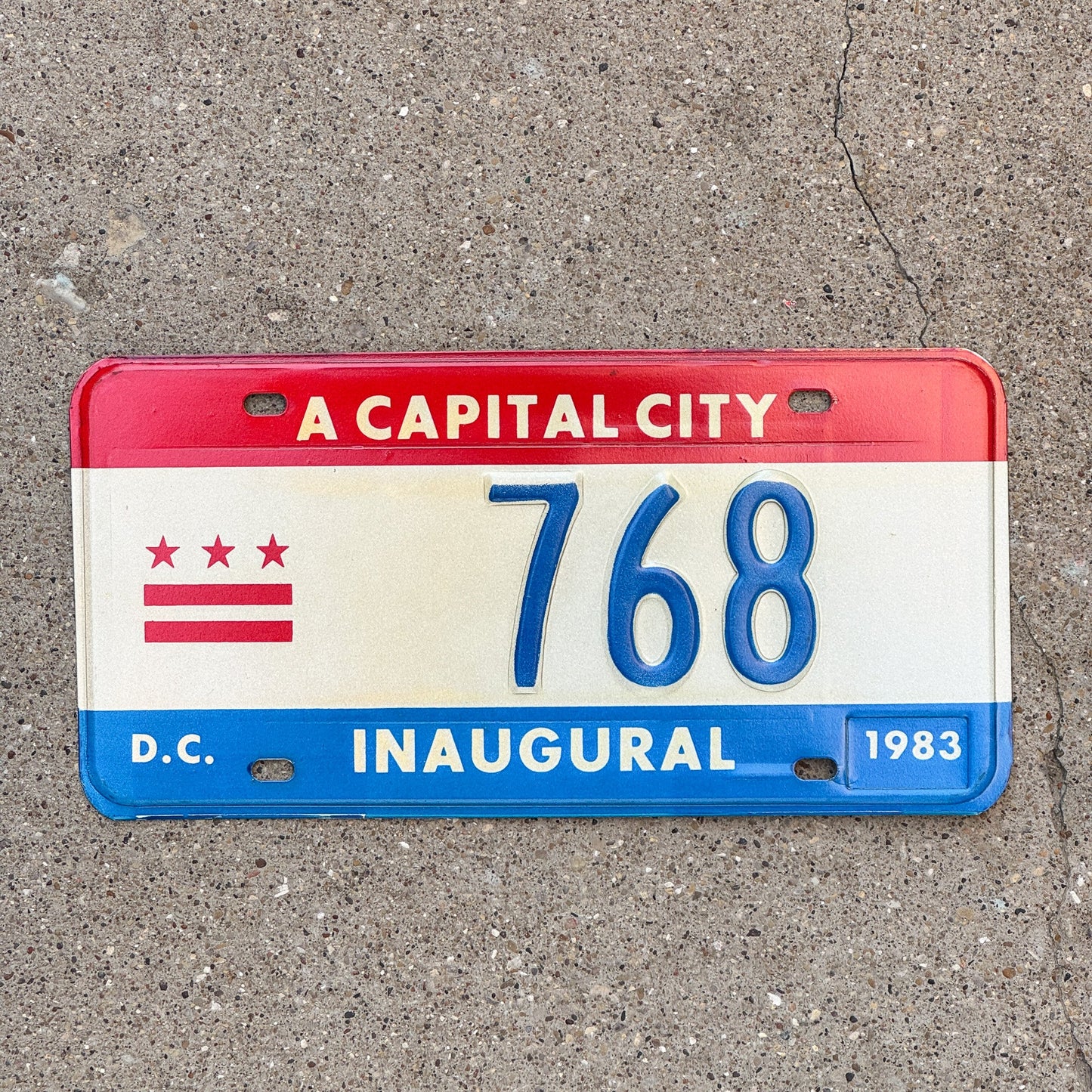 Photo of a 1983 Washington DC Mayor Inaugural License Plate Auto Tag 2 Garage Decor Politics Political Low Number Three Digit 768 with original patina