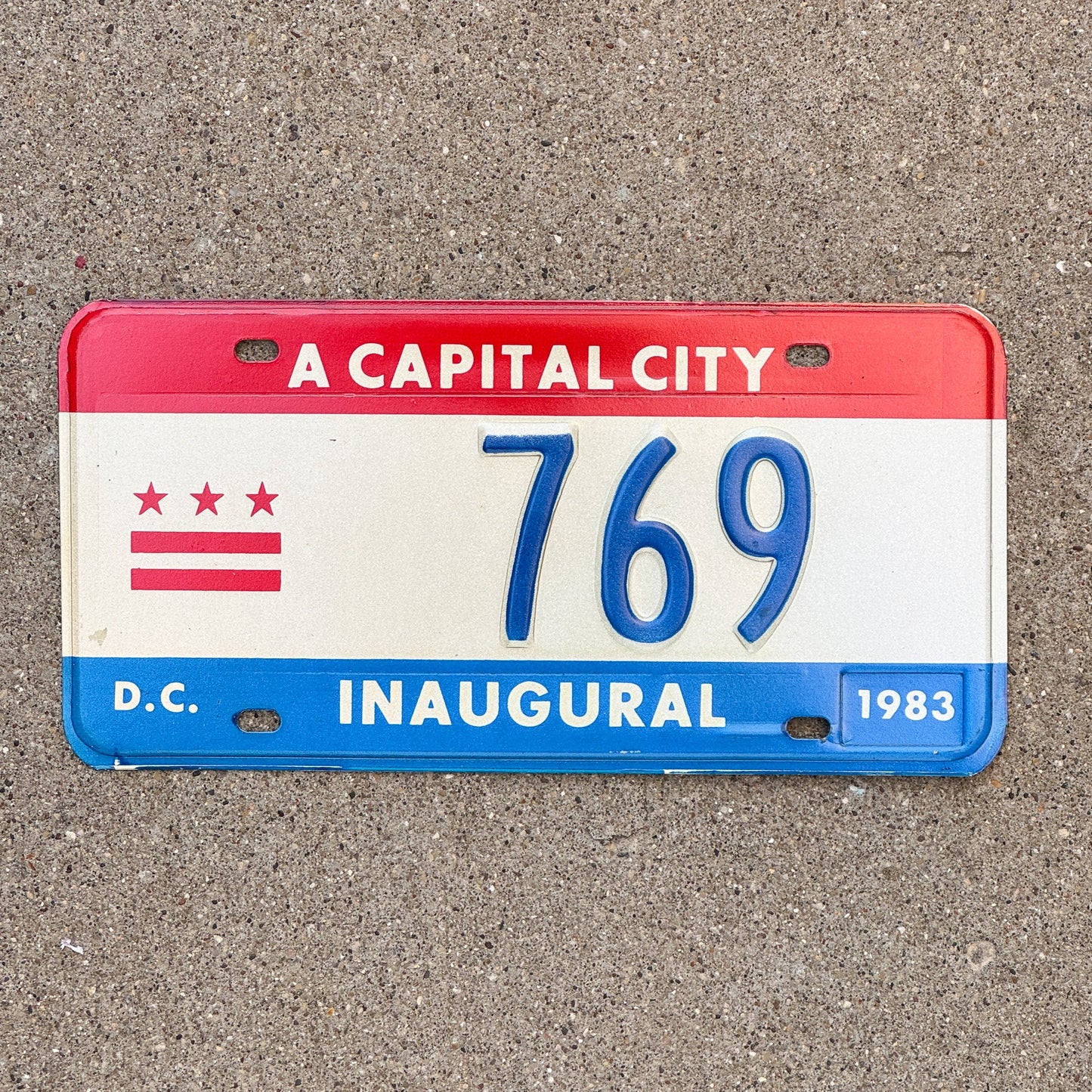 Photo of a 1983 Washington DC Mayor Inaugural License Plate Auto Tag 2 Garage Decor Politics Political Low Number Three Digit 769 with original patina