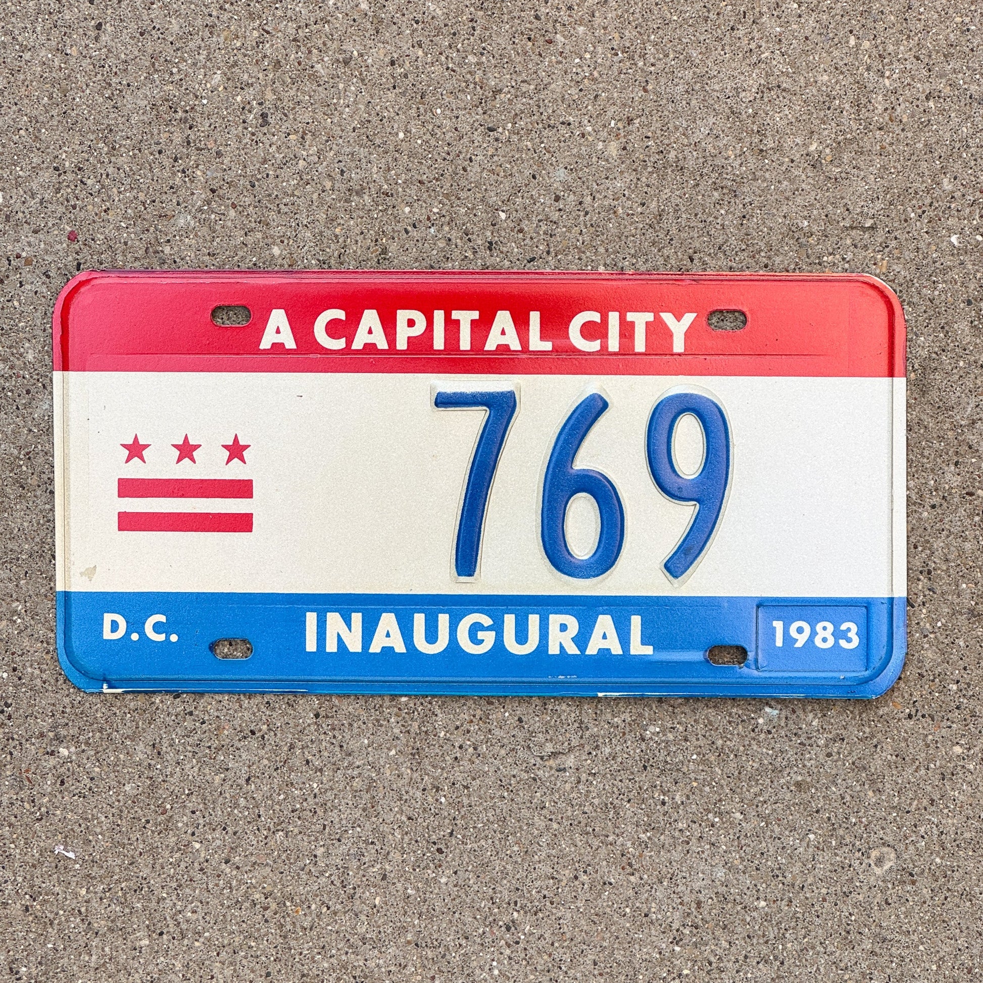 Photo of a 1983 Washington DC Mayor Inaugural License Plate Auto Tag 2 Garage Decor Politics Political Low Number Three Digit 769 with original patina