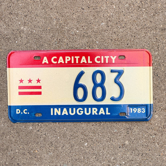 Photo of a 1983 Washington DC Mayor Inaugural License Plate Auto Tag Garage Decor Vintage Politics Political Low Number Three Digit 683 with original patina