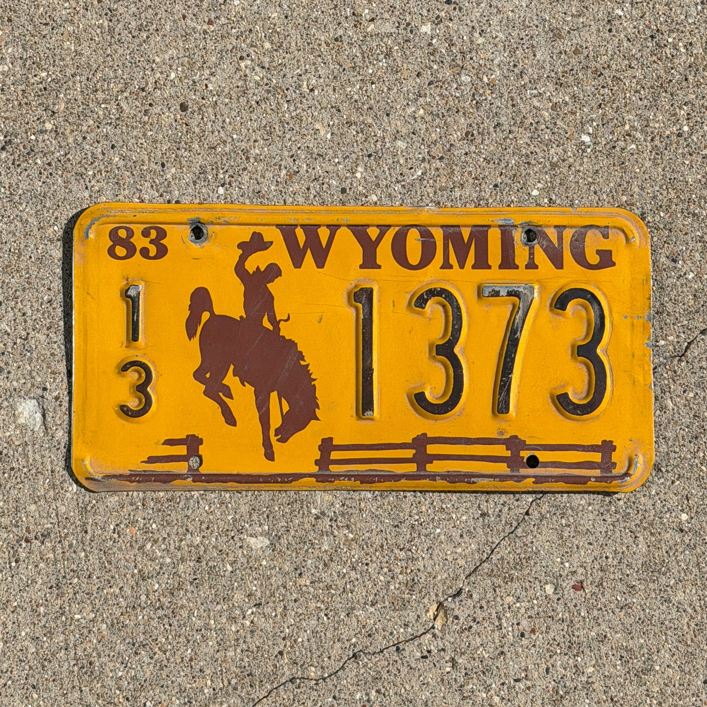 Photo of a 1983 Wyoming License Plate Auto Tag Garage Decor Vintage Cowboy Rodeo 13 1373 with original patina