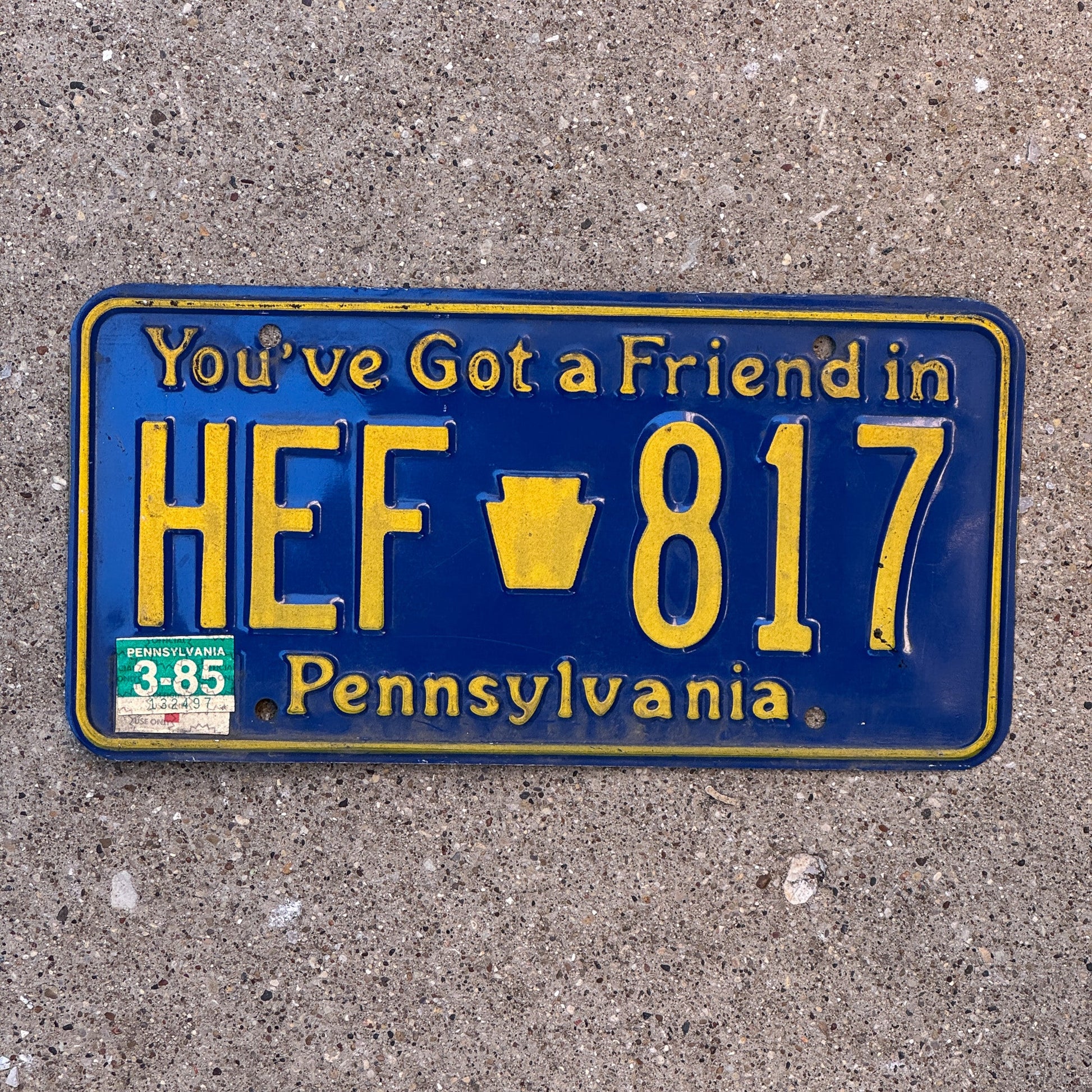 Photo of a 1984 1985 Pennsylvania License Plate Auto Tag Garage Decor Vintage HEF 817 with original patina