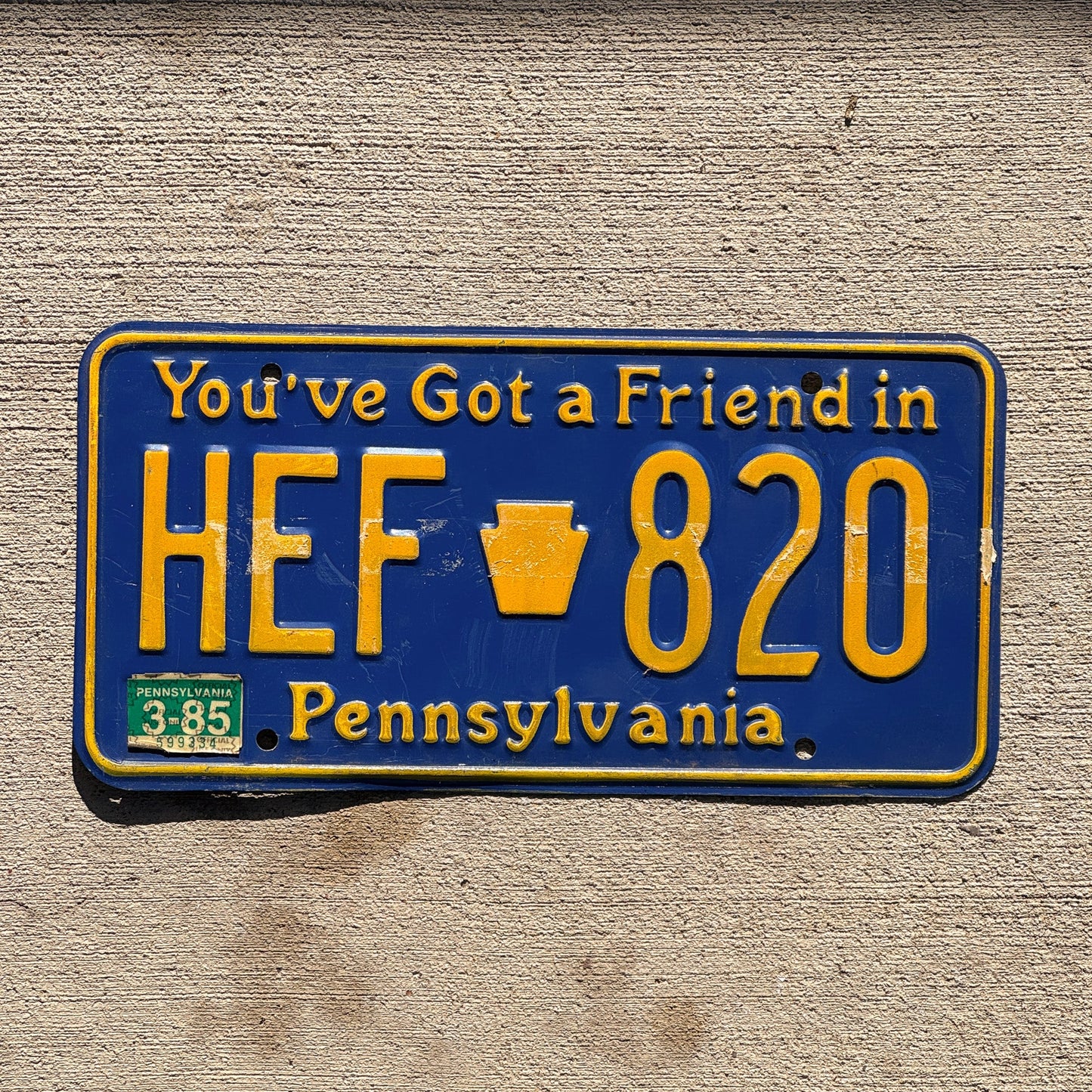 Photo of a 1984 1985 Pennsylvania License Plate Auto Tag Garage Decor Vintage HEF 820 with original patina