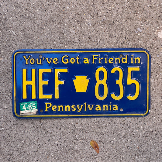 Photo of a 1984 1985 Pennsylvania License Plate Auto Tag Garage Decor Vintage HEF 835 with original patina
