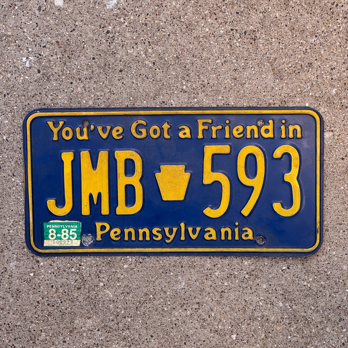 Photo of a 1984 1985 Pennsylvania License Plate Auto Tag Garage Decor Vintage JMB 593 with original patina