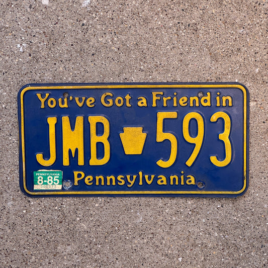 Photo of a 1984 1985 Pennsylvania License Plate Auto Tag Garage Decor Vintage JMB 593 with original patina