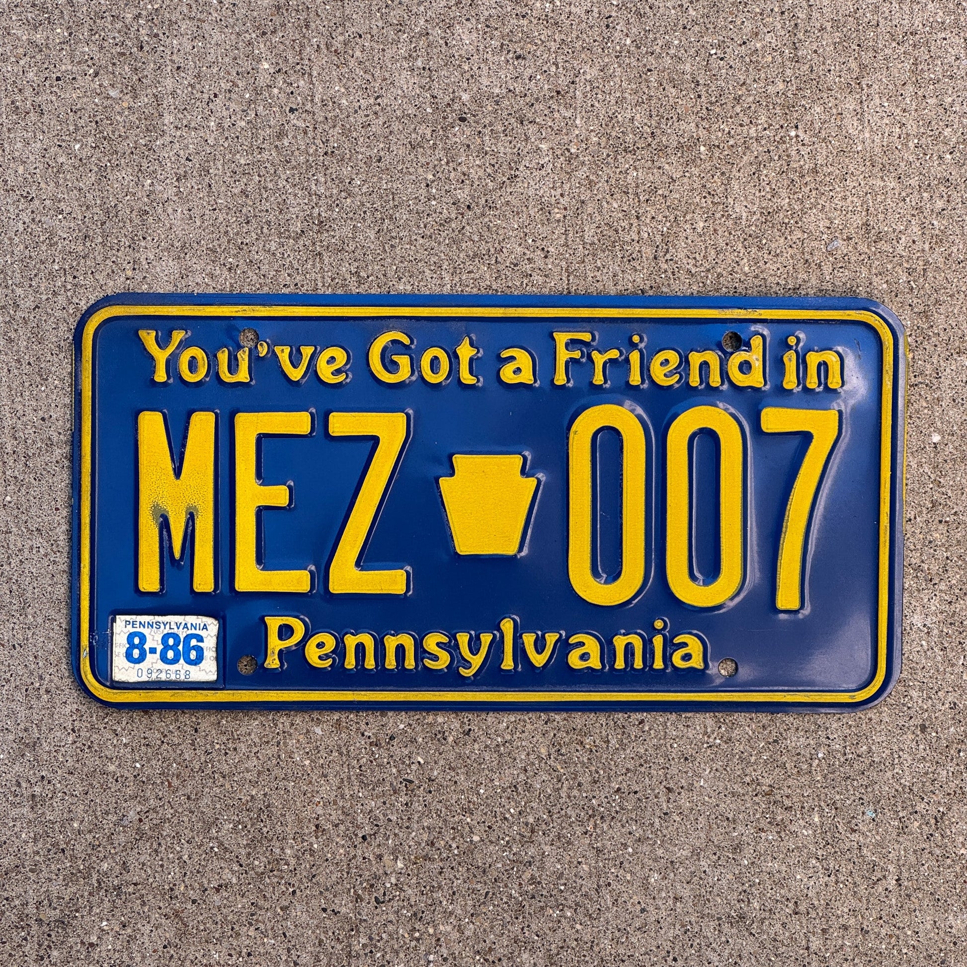 Photo of a 1984 1986 Pennsylvania License Plate Auto Tag Garage Decor Vintage MEZ 007 with original patina