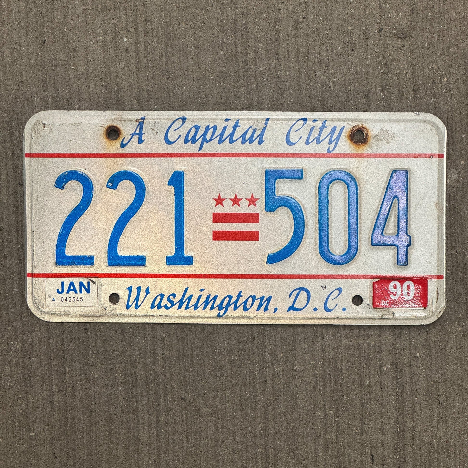 Photo of a 1984 1990 Washington DC License Plate Auto Tag Garage Decor Vintage A Capital City 221 504 with original patina
