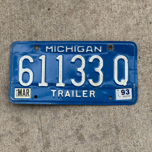 Photo of a 1984 1993 Michigan Trailer License Plate Auto Tag Garage Decor Vintage 61133 Q with original patina