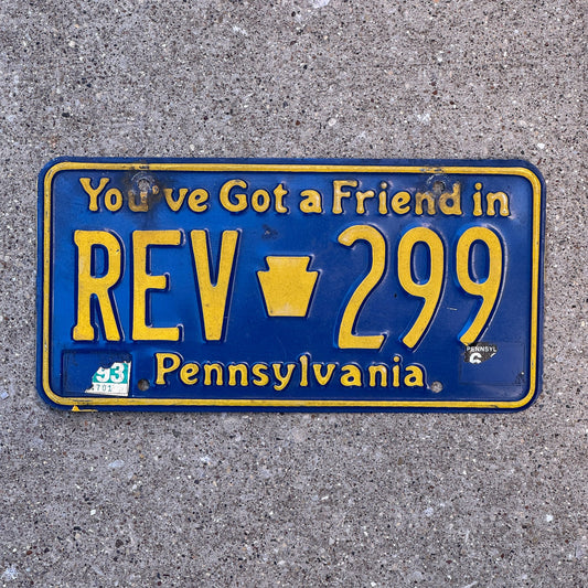Photo of a 1984 1993 Pennsylvania License Plate Auto Tag Garage Decor Vintage Rev Engine REV 299 with original patina