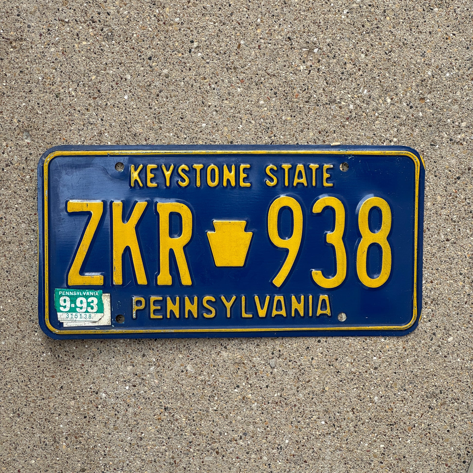 Photo of a 1984 1993 Pennsylvania License Plate Auto Tag Garage Decor Vintage ZKR 938 with original patina