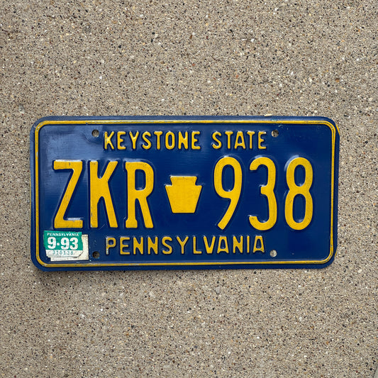 Photo of a 1984 1993 Pennsylvania License Plate Auto Tag Garage Decor Vintage ZKR 938 with original patina