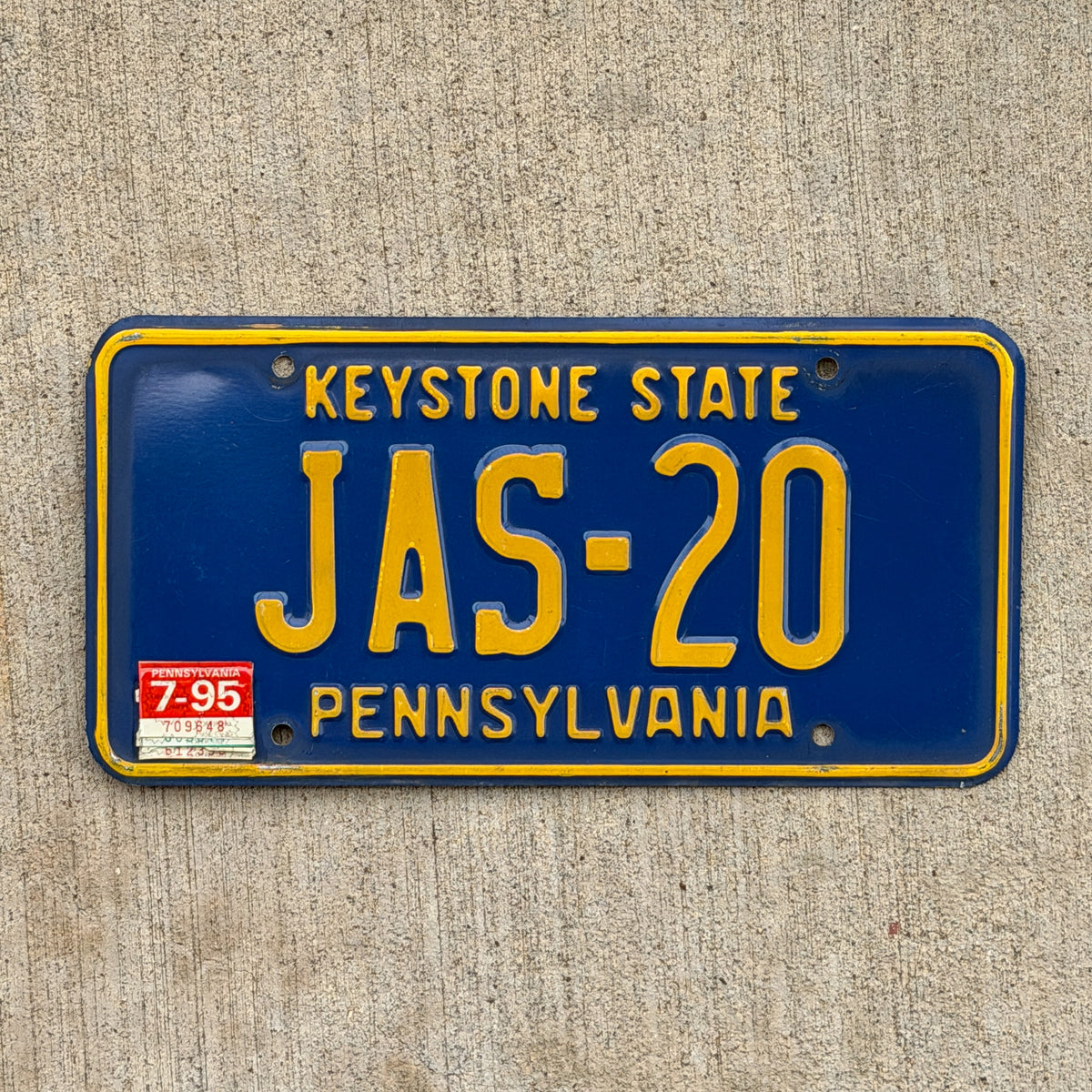 Photo of a 1984 1995 Pennsylvania Vanity License Plate Auto Tag Garage Decor Vintage JAS 20 with original patina